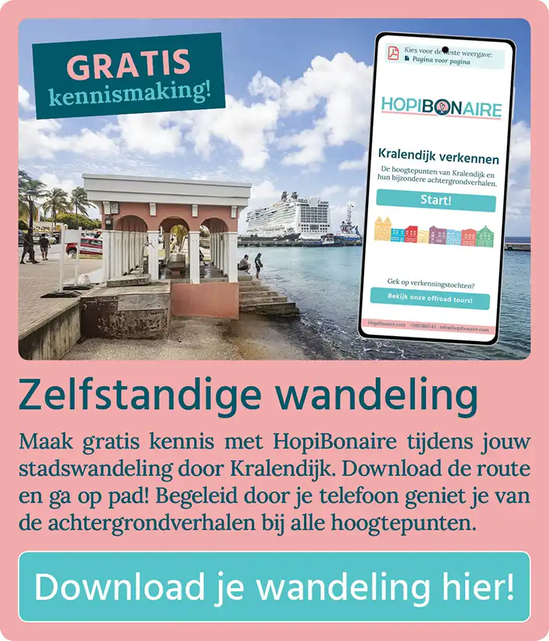 Knop met "Gratis kennismaking" met HopiBonaire tijdens een "Zelfstandige wandeling" door Kralendijk op Bonaire.