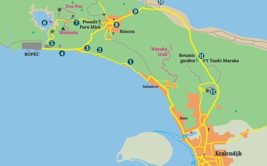 Plattegrond van midden Bonaire met genummerde hoogtepunten van het "rondje noord".