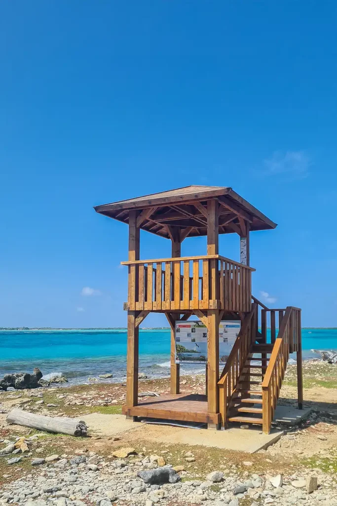 The Lac Cai lookout tower, observation tower, or viewing tower on Bonaire offers sweeping views over Lac Bay.