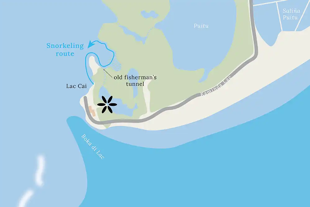 Map of our versatile snorkeling route at Lac Cai, along the sandy bottom, through the mangrove trees, and over the seagrass.