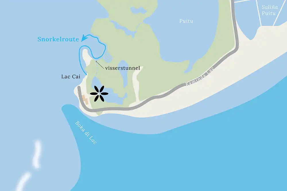 Plattegrond van een snorkelroute bij Lac Cai op Bonaire.