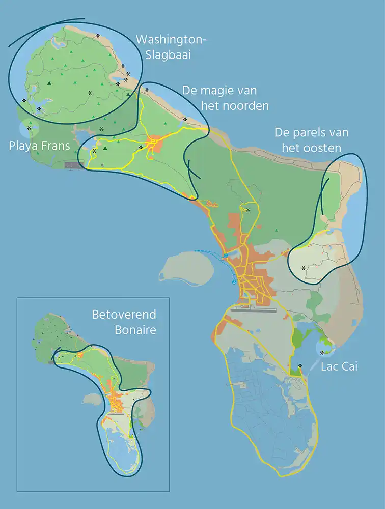 Plattegrond van Bonaire met de excursies die HopiBonaire aanbiedt.