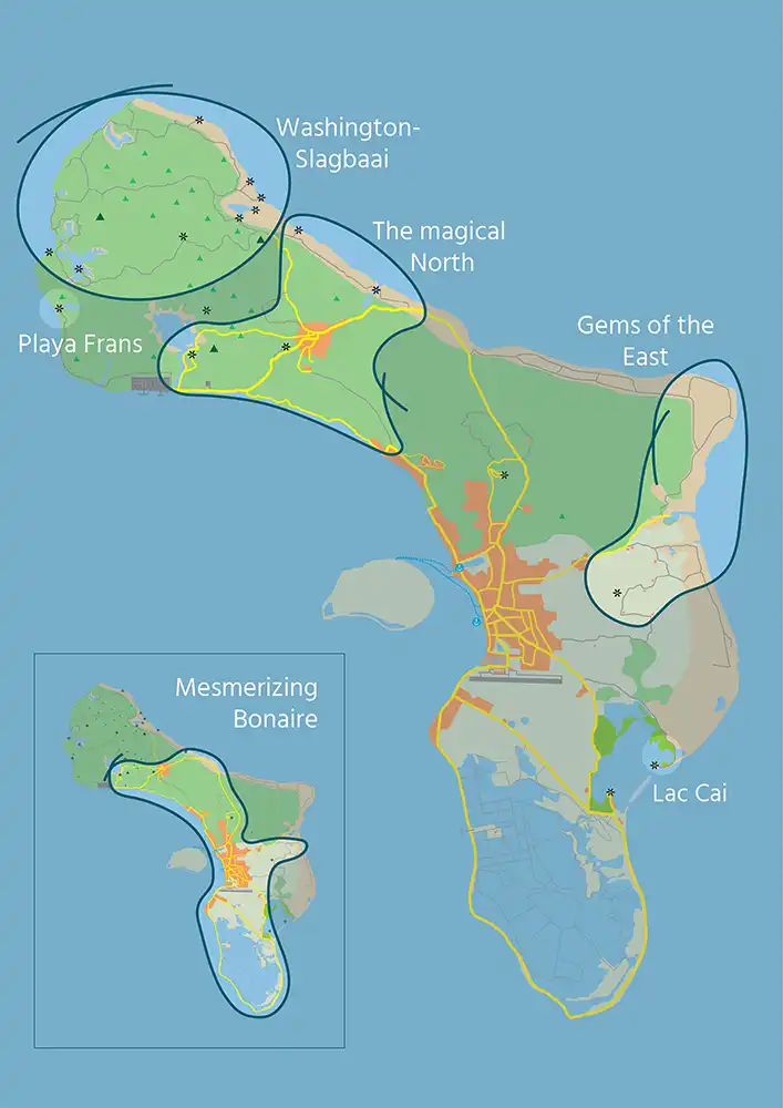 Map of Bonaire showing the off-road areas where HopiBonaire offers customized tours.