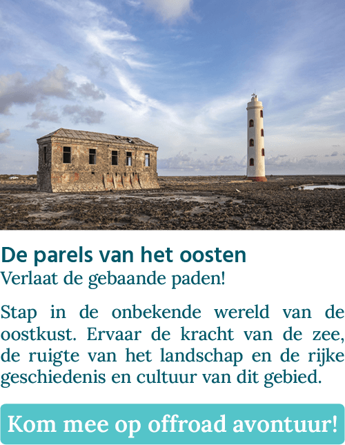 Knop met De parels van het oosten - Verlaat de gebaande paden! met een afbeelding van vuurtoren Spelonk op Bonaire.