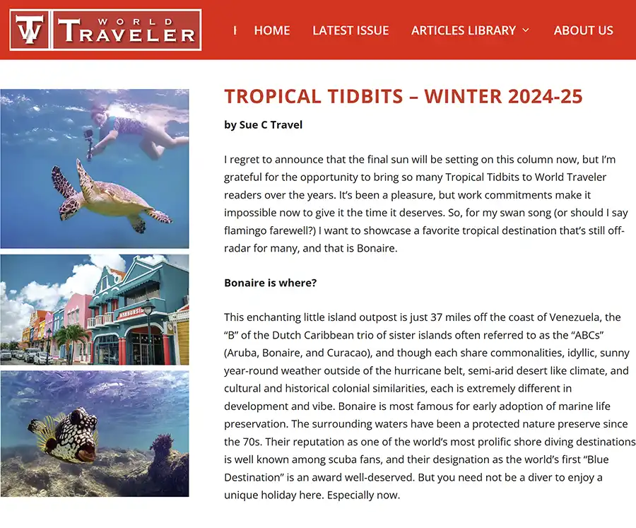 HopiBonaire wordt aangeraden in de Tropical Tidbits Column van World Traveler.
