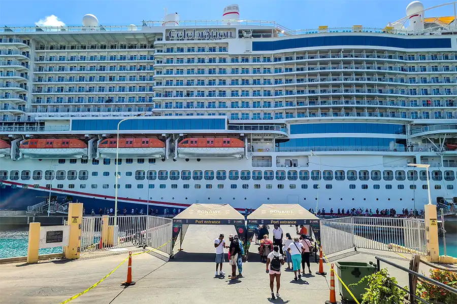 Bonaire port with the Carnival Celebration Cruise Ship.