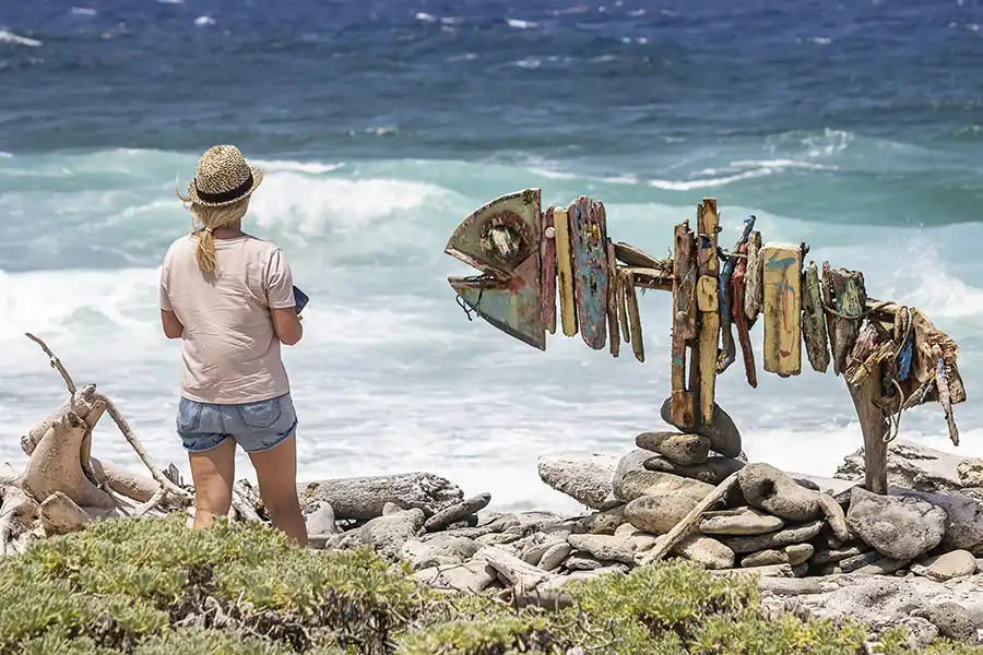 Enjoy local driftwood art at the Shete Kolo Coast during your HopiBonaire South Tour for cruisers.