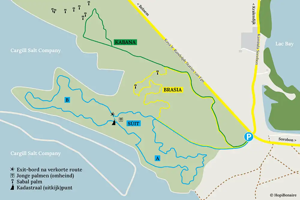 Kaart of Plattegrond van het Bonaire Sabal Palm Park, met parkeerplaats en de drie wandelroutes.